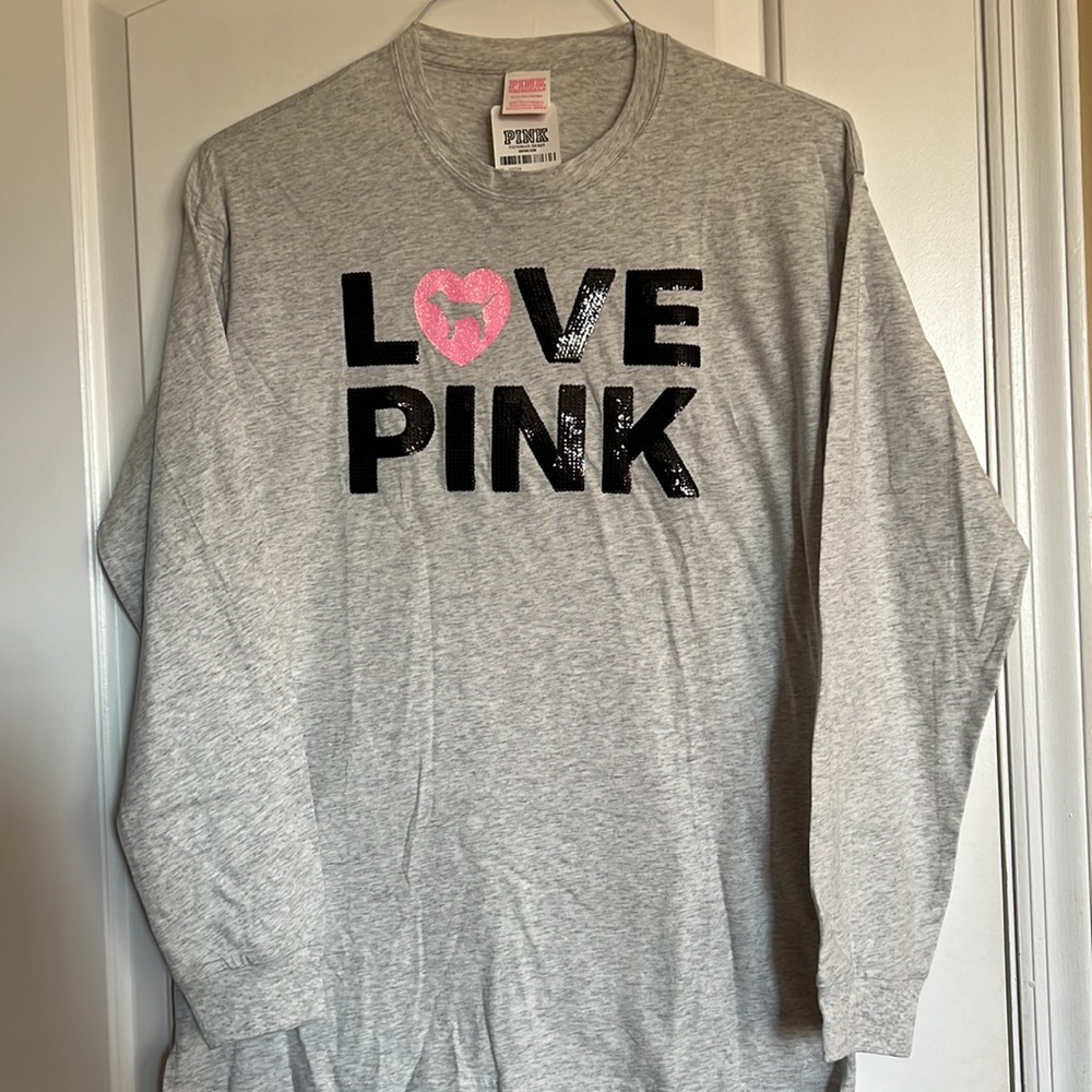 NWT Victoria Secret LOVE PINK SZ S Shirt Long Sleeve Grey with Black Sequence